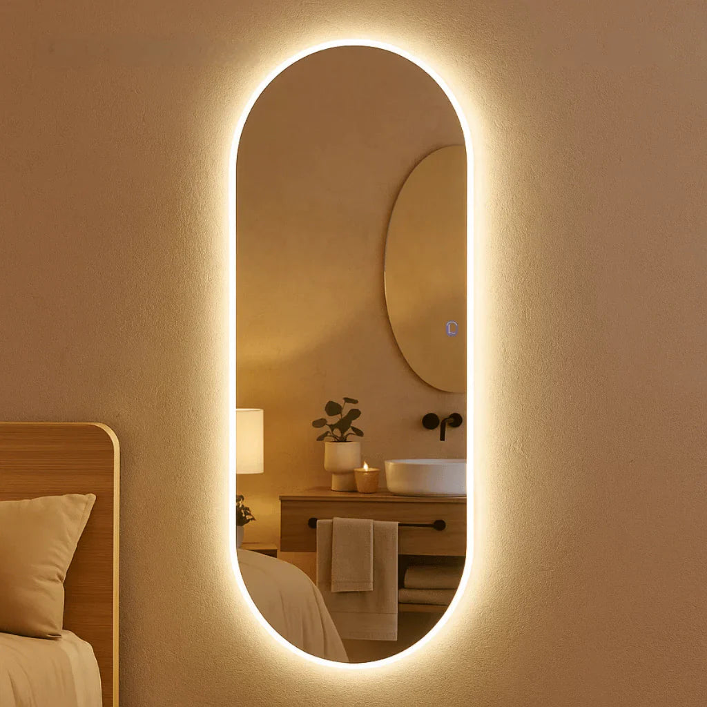Espejo Orgánico Base Recta de Cuerpo Entero Grande con LED Touch Cálido/Frío 150x40 cm y 110x50 cm – Lapidado Liquidación